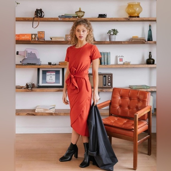 Smash+Tess Rebecca new Wrap Midi in Brick Tie Front Stretch Casual Dress Size XS - Picture 3 of 13